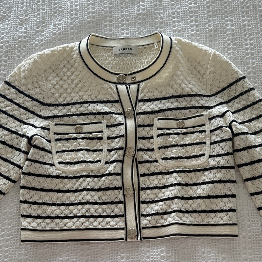 Sandro Women's Cream and Black Textured Cardigan